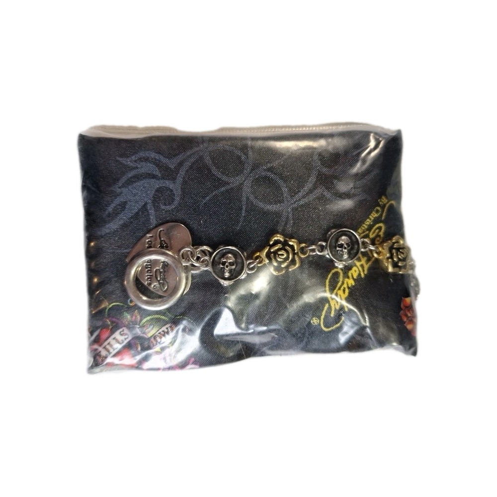 ED HARDY Stainless Steel Skulls Roses Heart 7" Bracelet w/ COA & Storage Bag